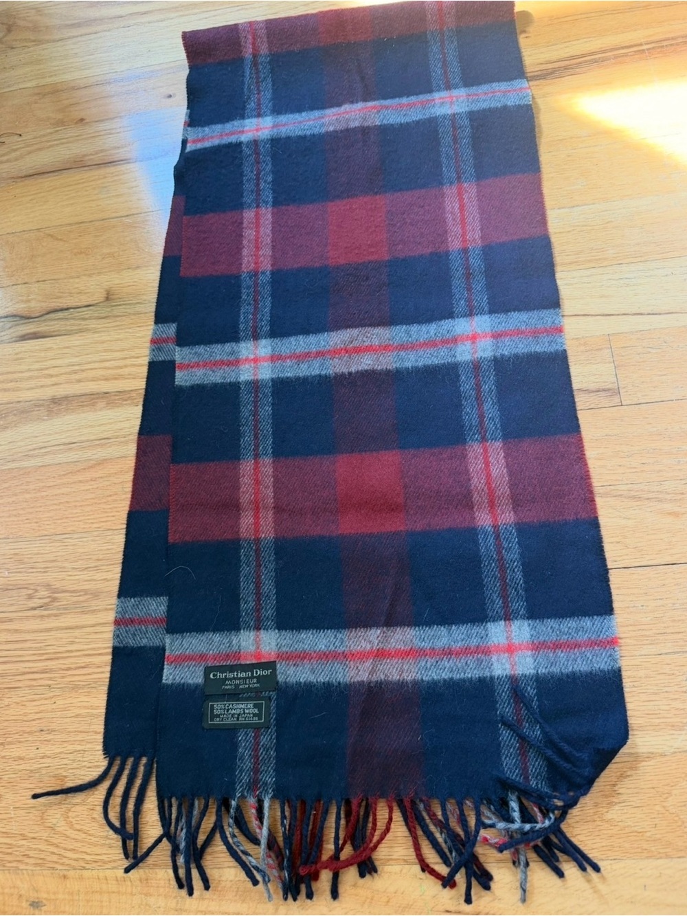 Vintage Christian Dior Cashmere Lambswool Plaid Scarf Blue Red Fall